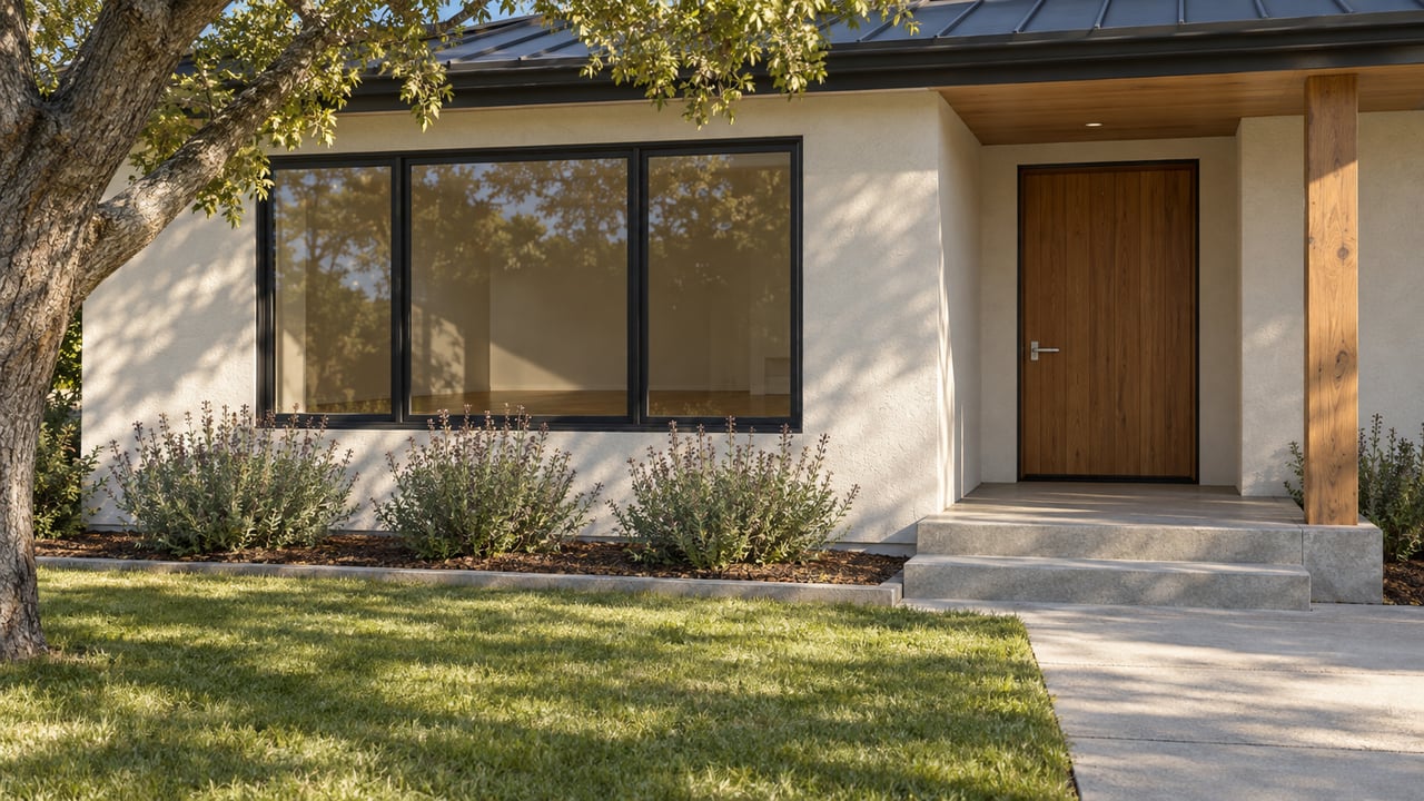 Sunlit ivory-stucco home with a cedar entry, black-framed window and concrete approach beside an oak and flowering sage.