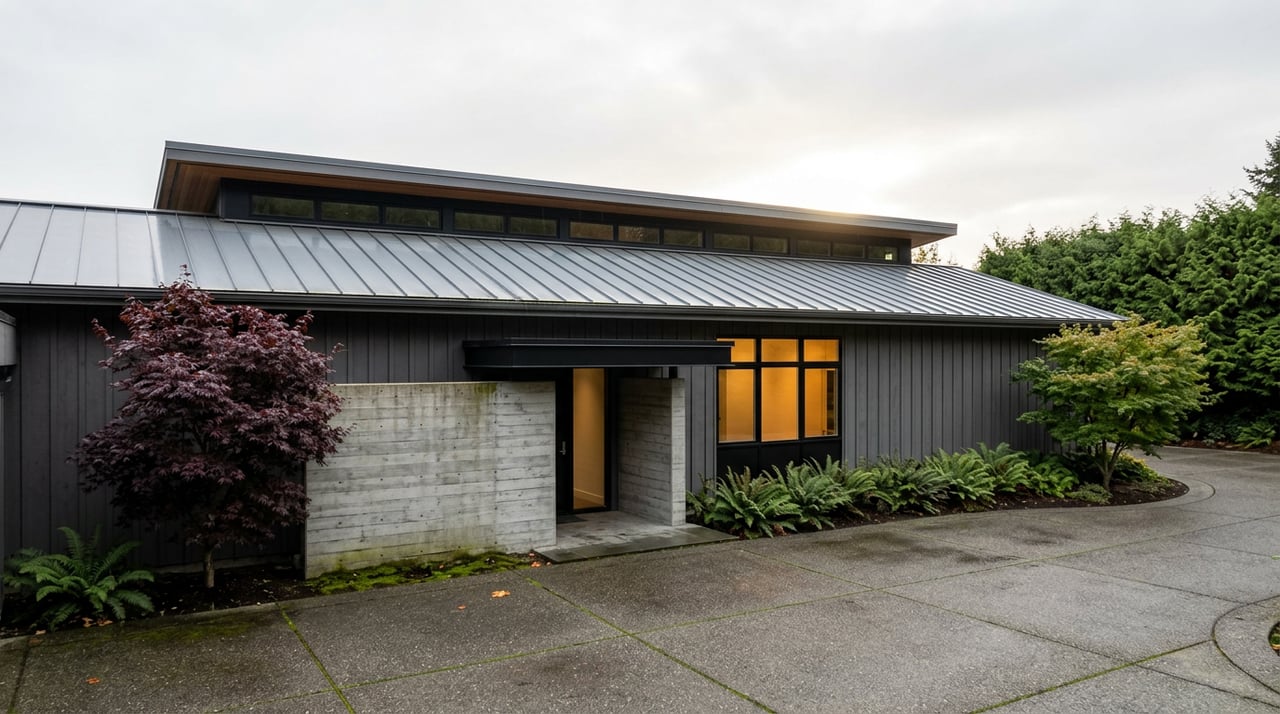 Contemporary cedar-sided home with a zinc gable roof, warm glowing windows, and rain-darkened paving.