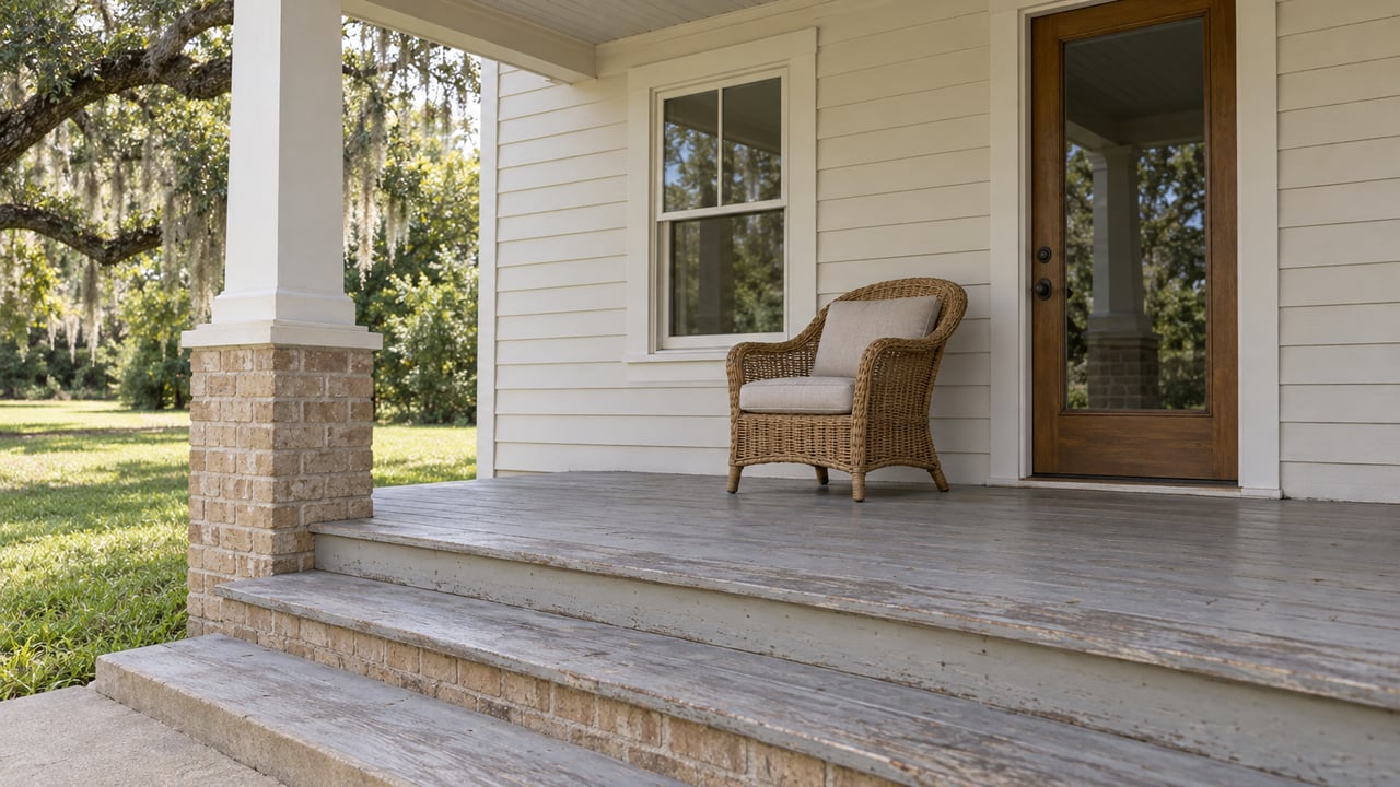 A shaded porch with pale siding, a woven chair, weathered painted steps and a live oak beyond the column.