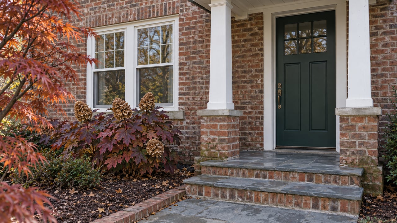 Brick home entrance with a green door, white timber canopy, bluestone steps, and burgundy autumn planting.