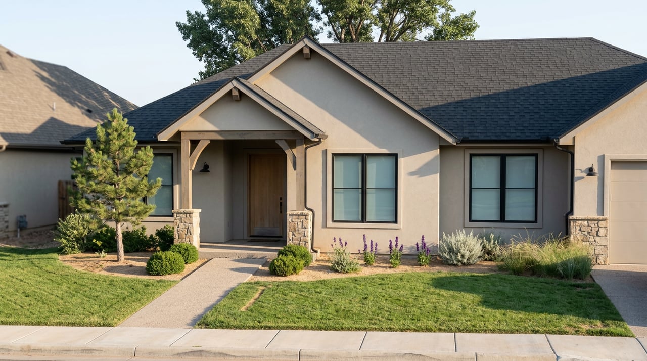 Taupe stucco home with a timber-corbled porch, flagstone piers, dark gabled roof, and landscaped front lawn.