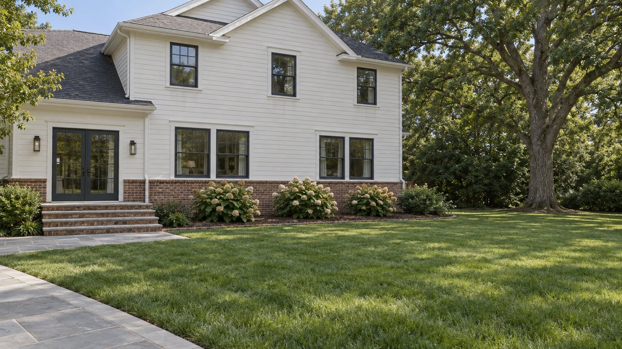 Deep lawn behind a white-sided, gabled house with brick foundation, stone terrace and a mature white oak.
