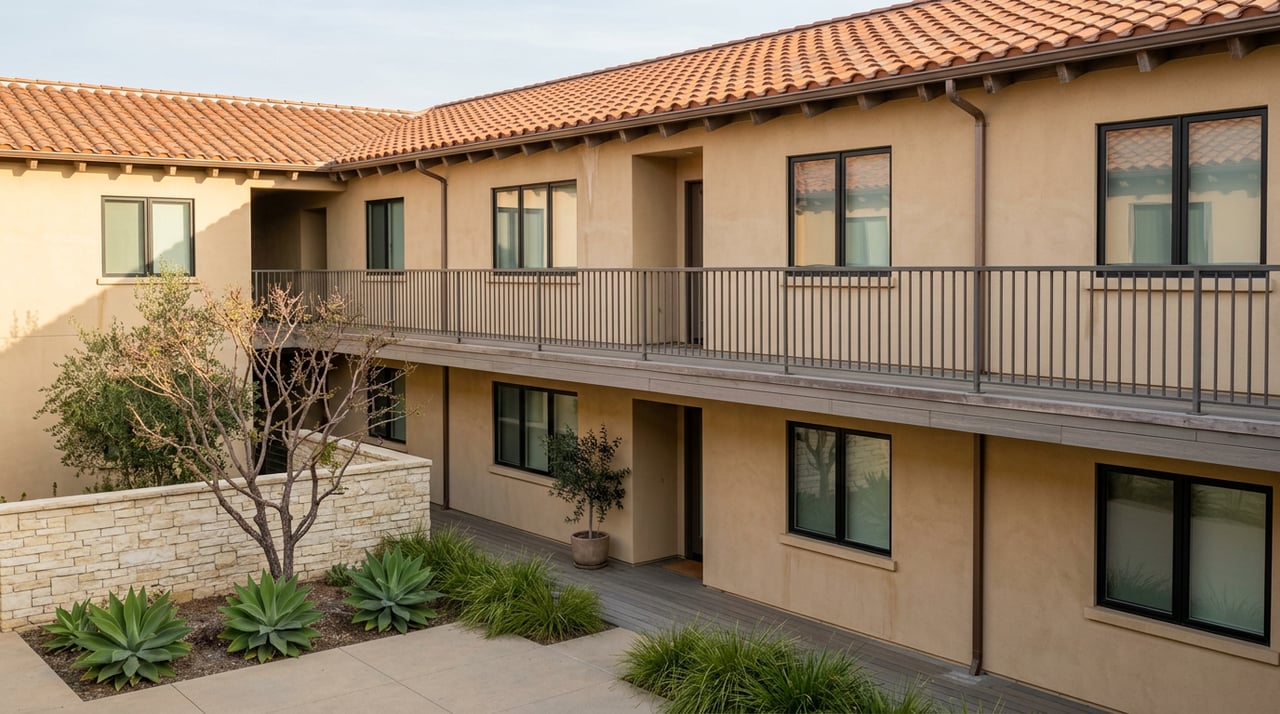 Two-story stucco townhomes with a shared upper walkway and guardrail above a planted courtyard.
