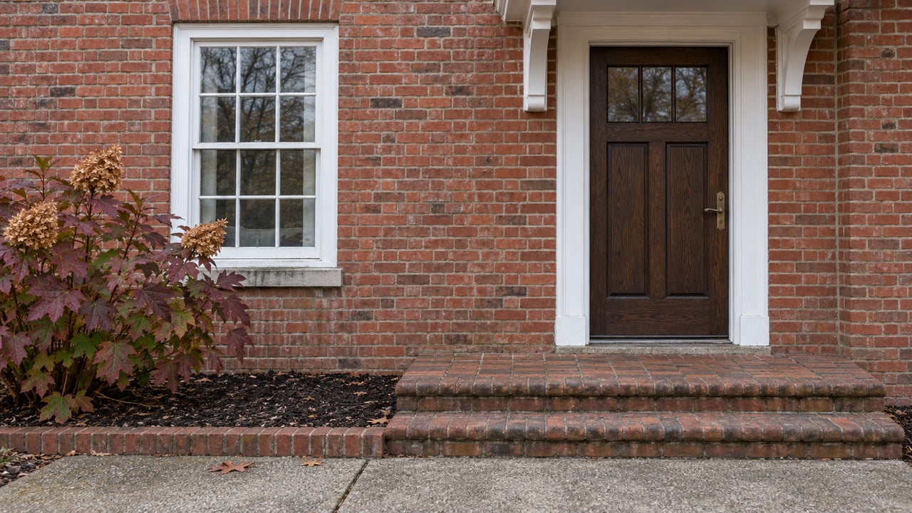 Red brick home entrance with a white-trimmed oak door, multipane window, worn brick steps and autumn oakleaf hydrangea.