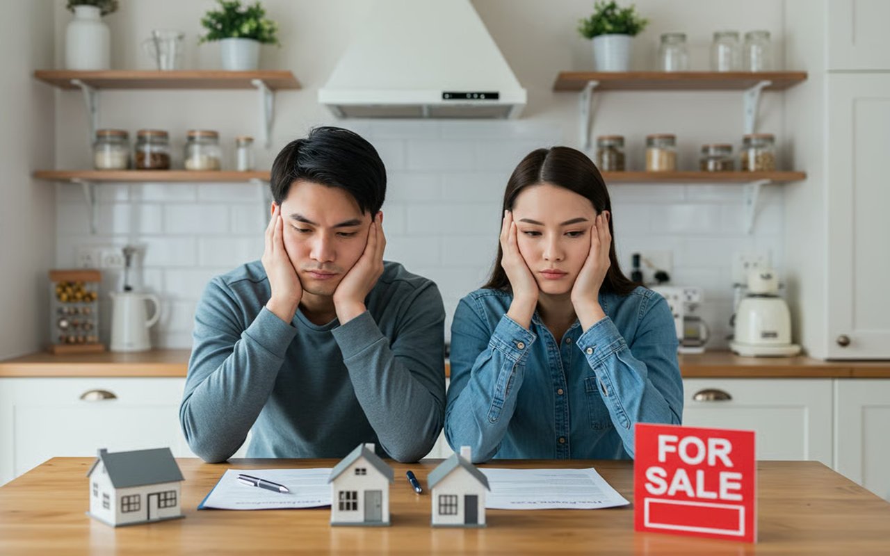 Worried couple reviewing paperwork beside miniature houses and a FOR SALE sign.