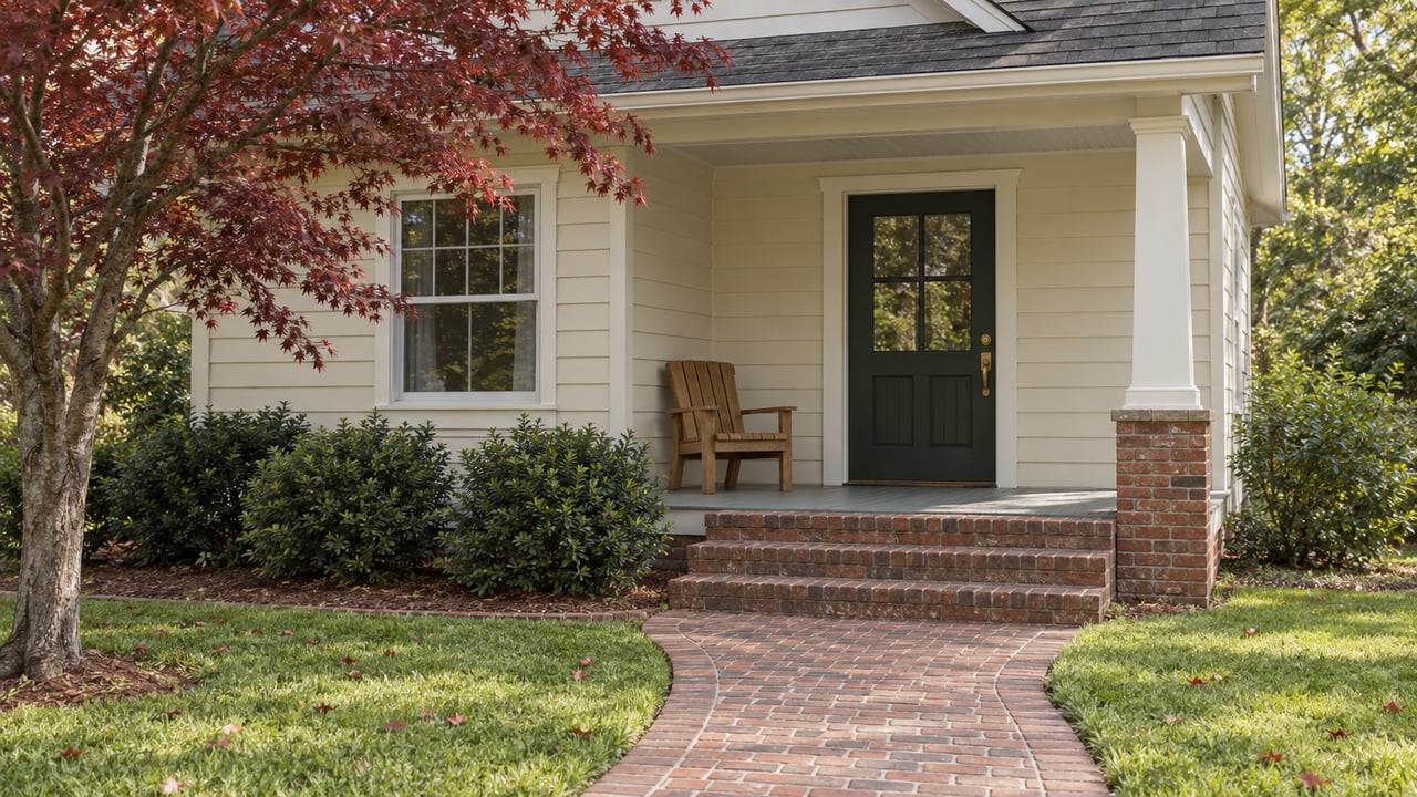 An ivory-sided cottage porch with a dark green glass-paneled door, worn brick steps and a curved walk beside autumn dogwood foliage.
