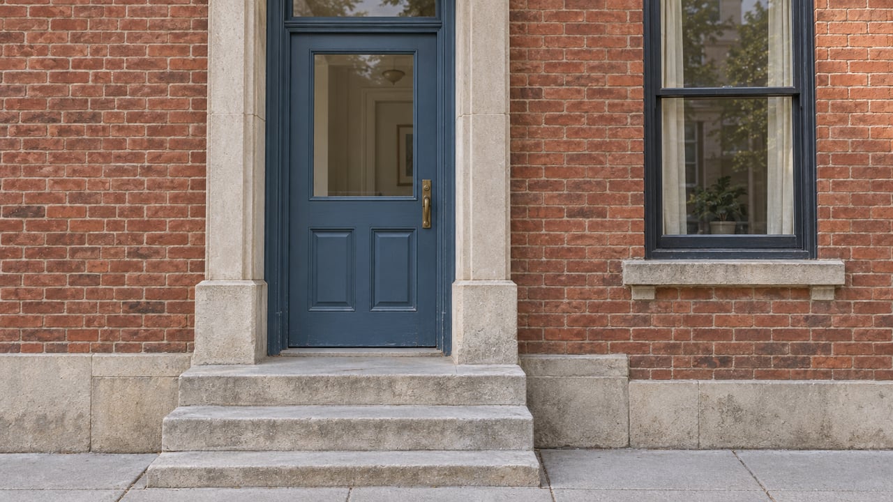 Close view of a muted blue residential door with a glazed transom, worn limestone steps and red brick surround beside a tall sash window.