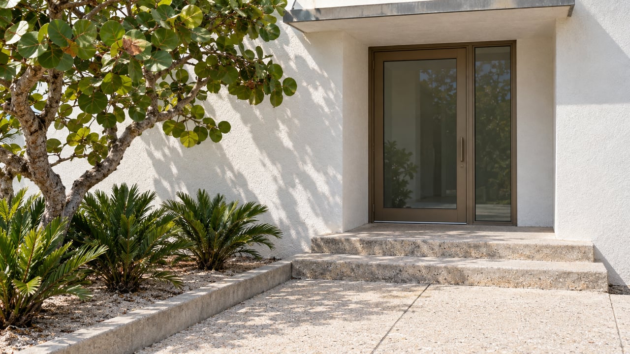 Sunlit stucco home entry with bronze-framed glass, shell-aggregate concrete steps, a sea grape tree and coontie planting.