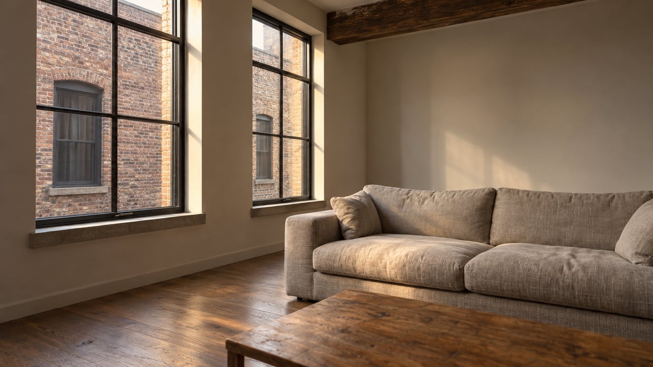 Urban apartment with an oatmeal sofa and oak floors, facing tall windows and a nearby brick wall.