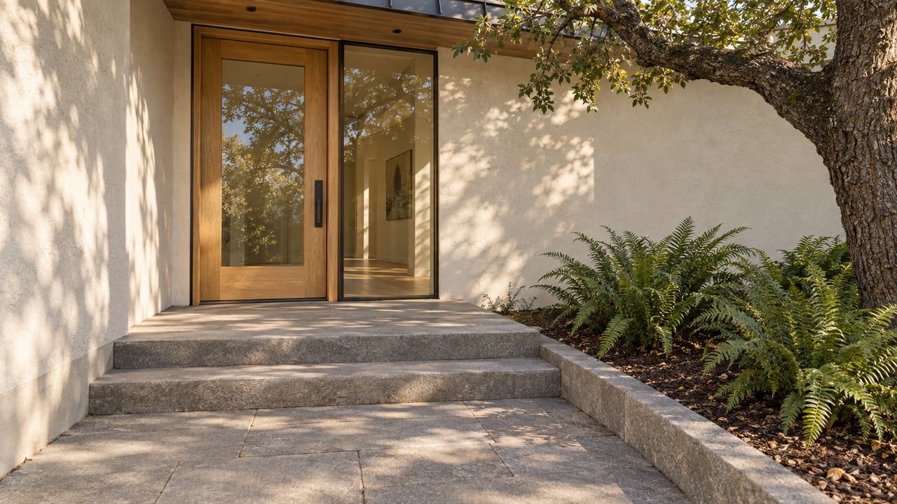 A sheltered wood-and-glass entry above broad stone steps, framed by cream plaster and a mature oak.