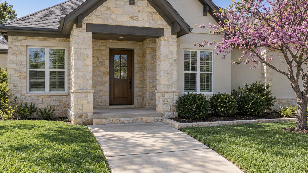 Stone-and-stucco home entrance with a recessed wood door, white-framed windows and a concrete walk bordered by lawn.