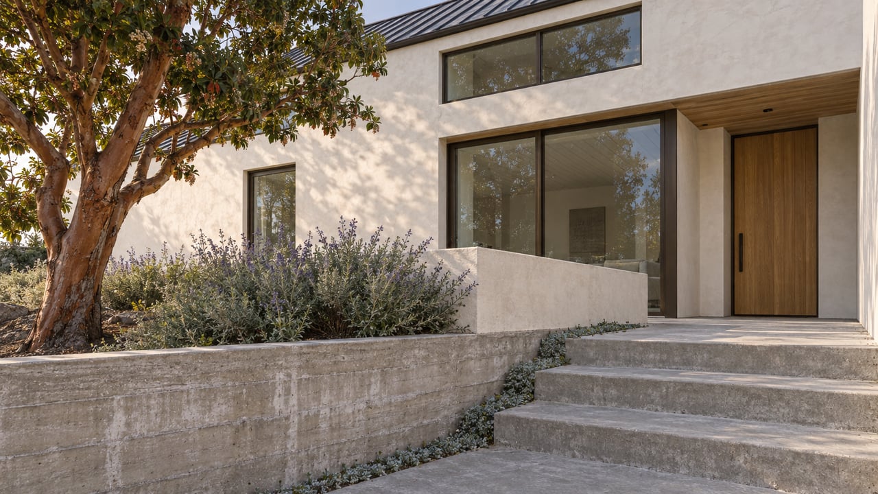 Warm white coastal house above a concrete landing, with broad steps, a raised planted terrace, and an arbutus tree.