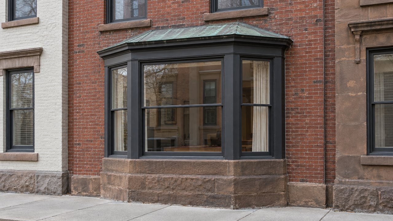 Red-brick townhouse facade with a copper-roofed glazed bay, brown sandstone base and tall upper sash windows above a clean sidewalk.