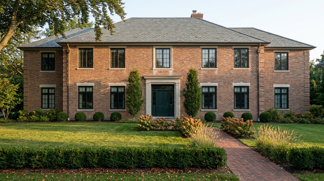 Two-story russet brick house with a limestone portico, deep front lawn, herringbone walk, and clipped hedges.