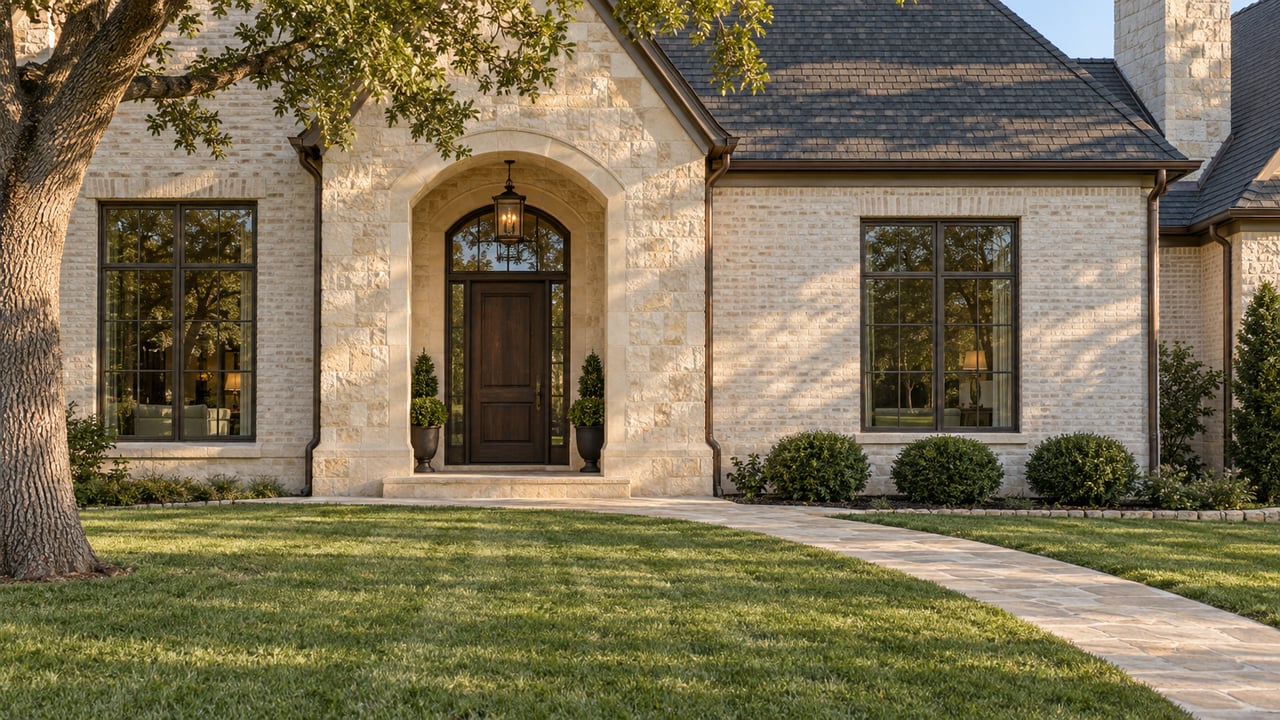 Warm late-afternoon light across a limestone arched entrance, white brick facade and broad autumn lawn.