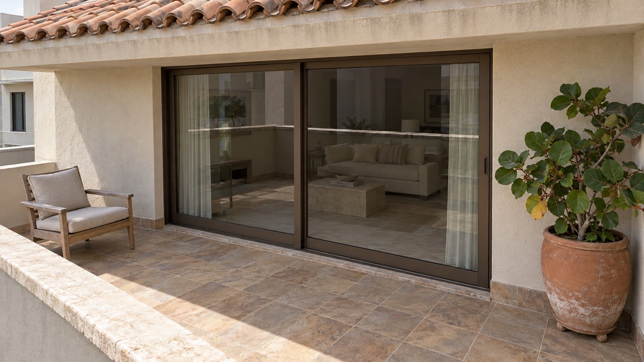 Warm stucco and terracotta balcony with bronze-framed glass doors, a weathered teak chair and one potted sea grape.