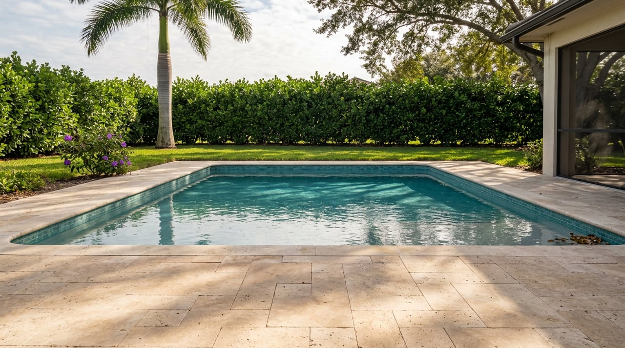 Rectangular turquoise pool bordered by a travertine terrace and lawn, with a royal palm and clipped hedge.