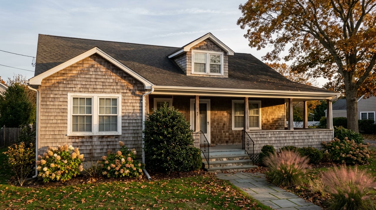 Shingle cottage with a covered porch, oak canopy, and autumn leaves scattered across the lawn and walkway.