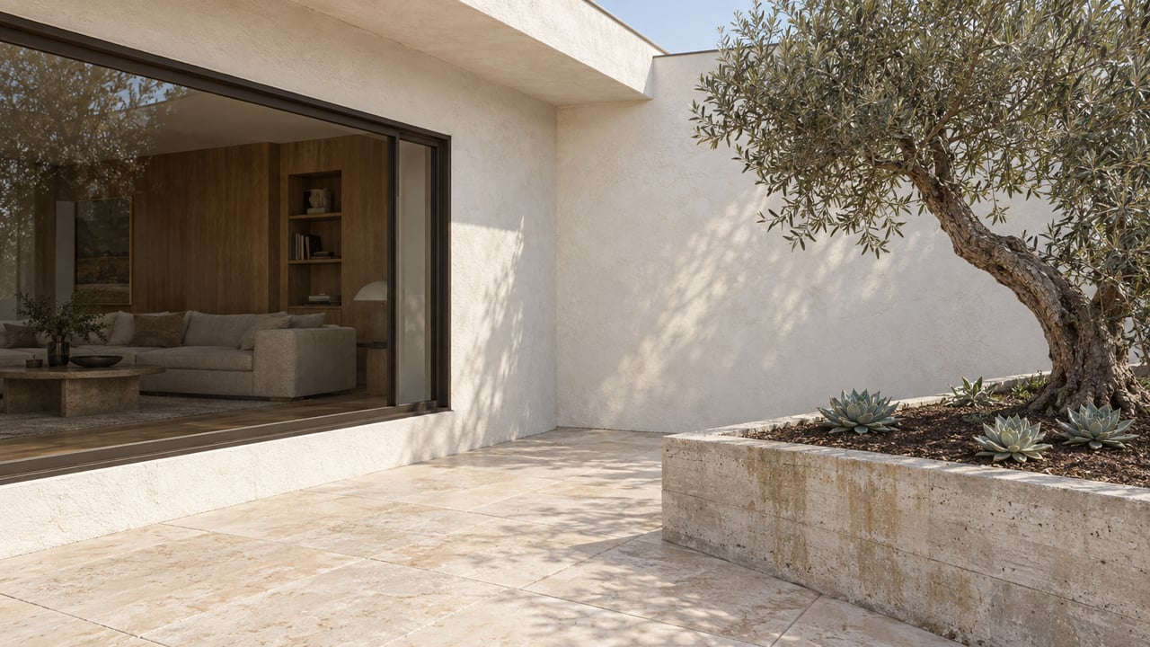 Coastal home corner with a bronze-framed window, limestone terrace, leaning olive tree, and three succulents.