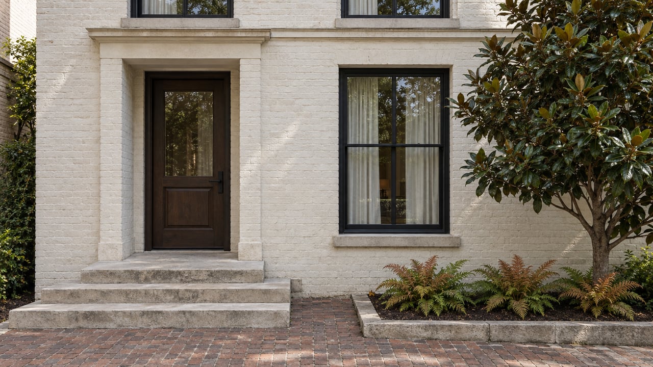 White painted-brick home with a dark oak door, black-framed windows, limestone steps and a small magnolia beside a brick forecourt.