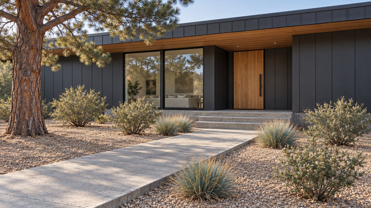 A charcoal-clad contemporary home with cedar entry, broad concrete approach and a gravel garden planted with a mature pine and dryland shrubs.