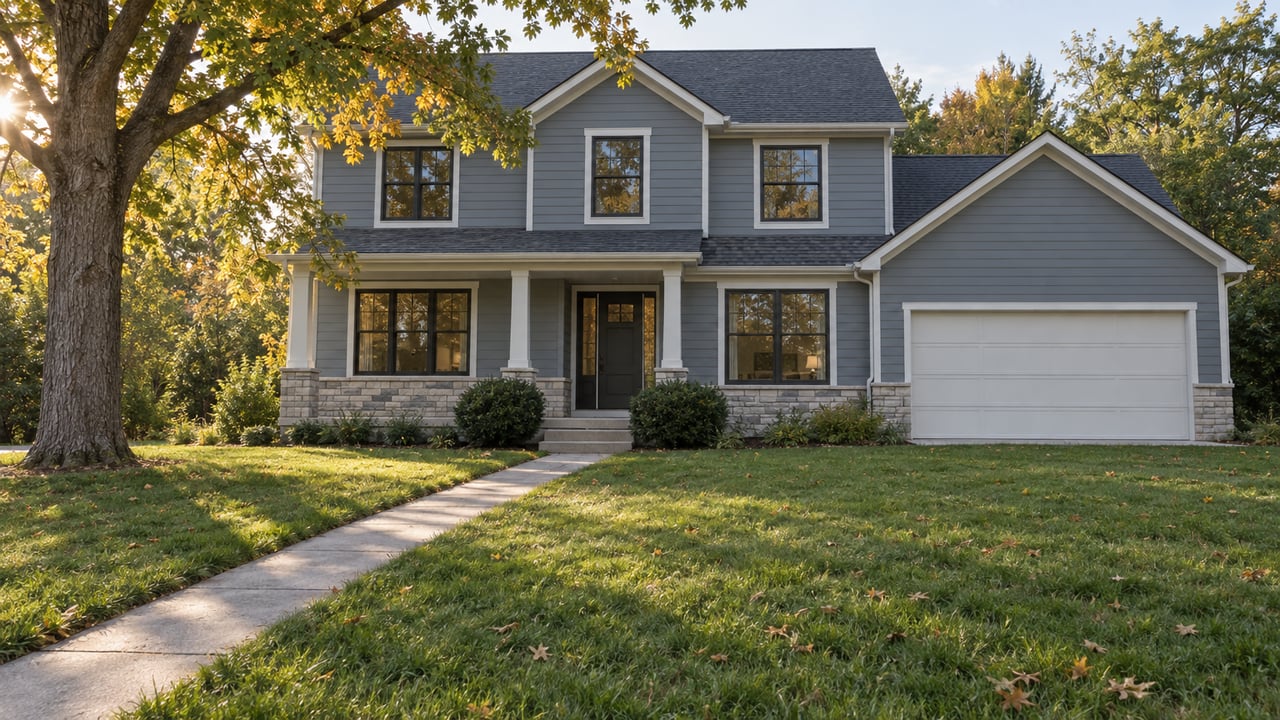 Blue-gray two-story house with white trim, a long lawn and walk, and a broad oak canopy at left.
