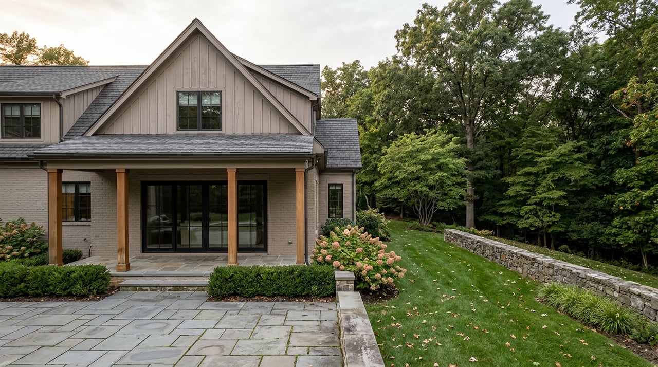 Greige-brick home overlooking a sloping lawn, with a multi-stem redbud and dense woodland beyond.