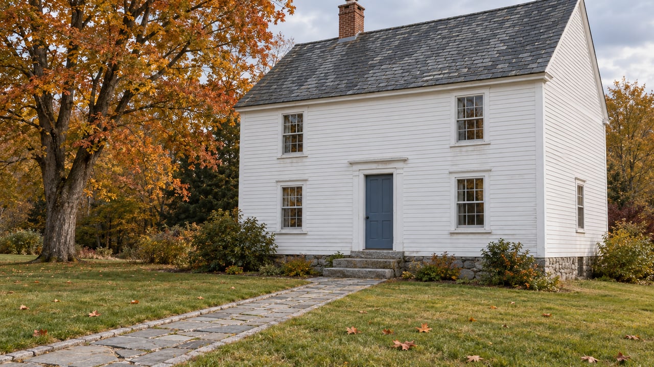 White clapboard farmhouse with a blue door, slate roof, stone approach and an amber sugar maple above an autumn lawn.