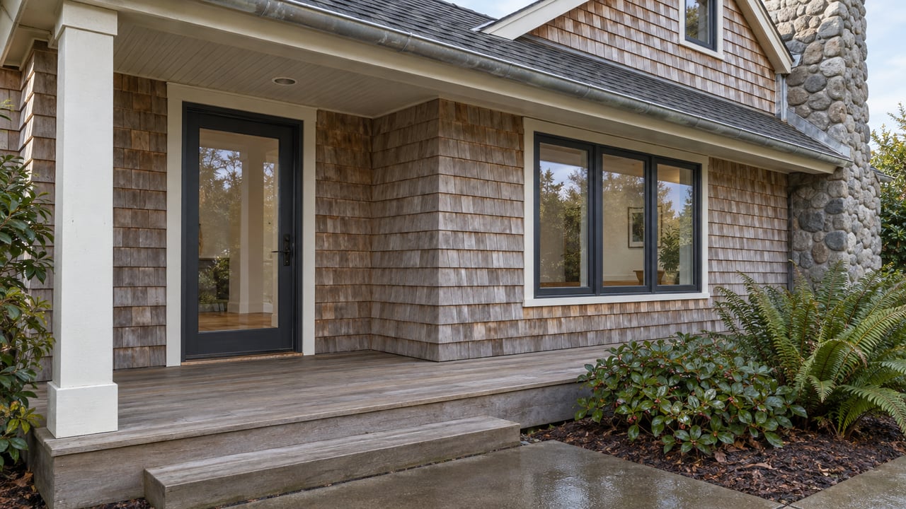 A cedar-shingled home with a sheltered porch, charcoal-framed glazing, river-stone chimney and rain-darkened concrete beside salal and sword ferns.