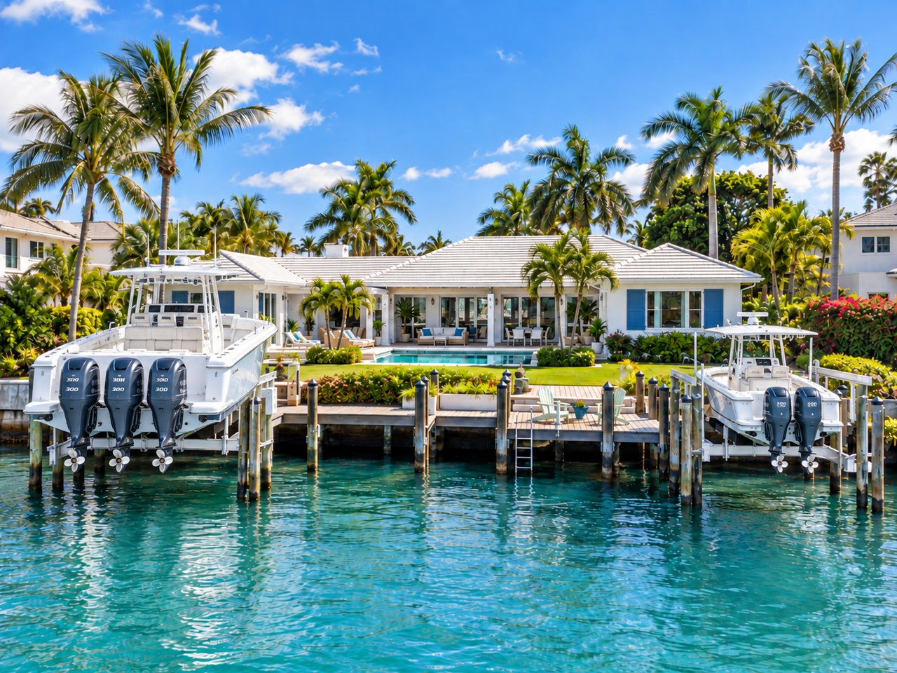 Waterfront home with a pool, palm trees, and two boats docked along the backyard.