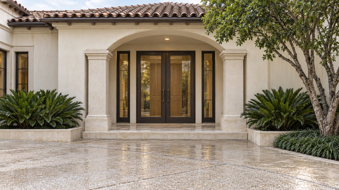 Symmetrical ivory-stucco estate entry with arched glass doors, limestone columns, terracotta roof tiles, and damp paving.