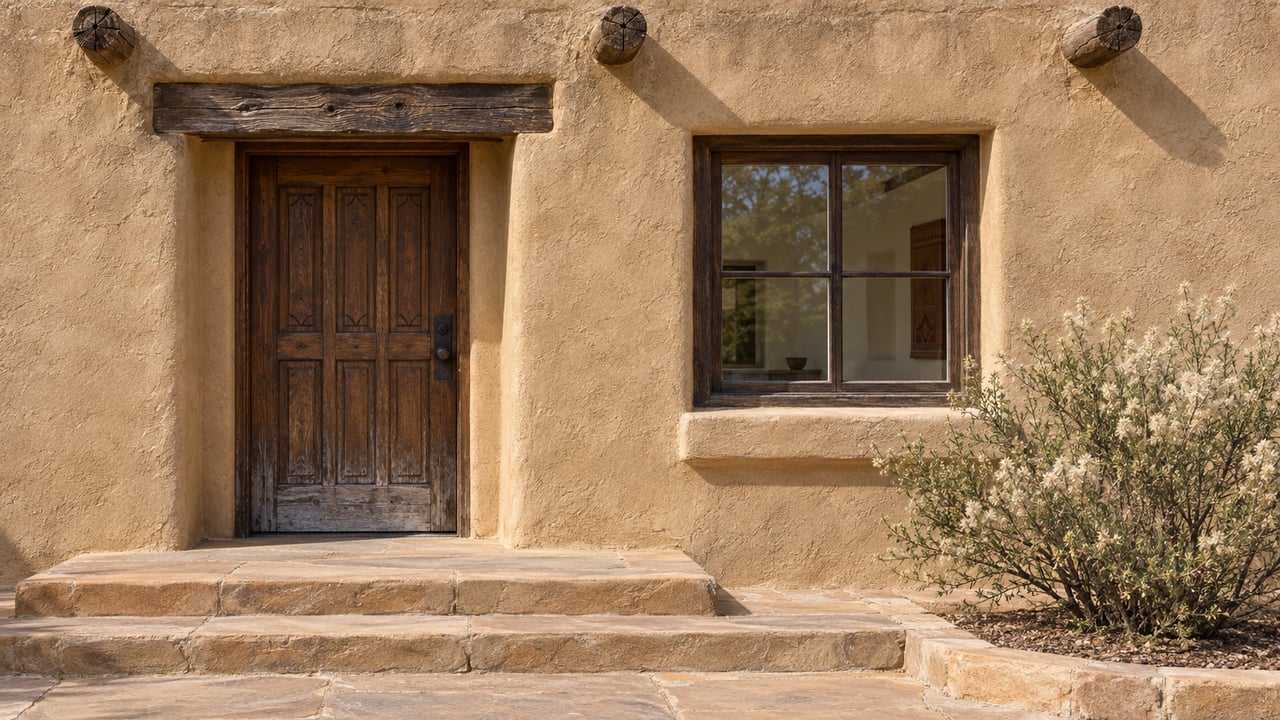 Sunlit sand-colored stucco home with a carved wooden door, recessed window, sandstone steps and a single flowering desert shrub.