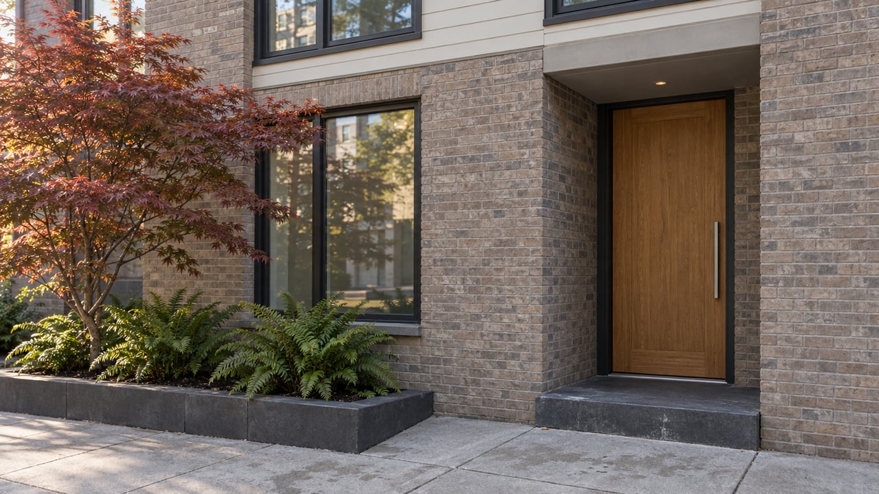 Residential entry with an oak door, dark-framed windows, and a Japanese maple in a raised planting bed.