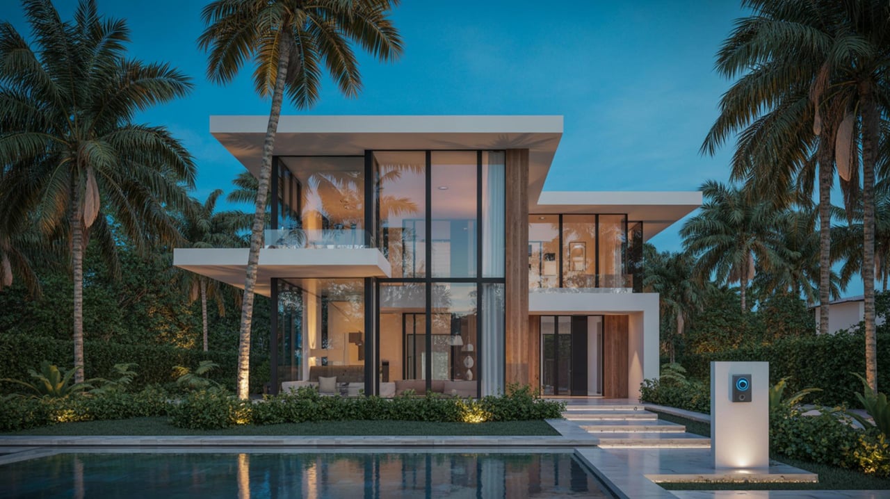 Modern glass-and-concrete house framed by palm trees, with a lit pool and walkway in front.