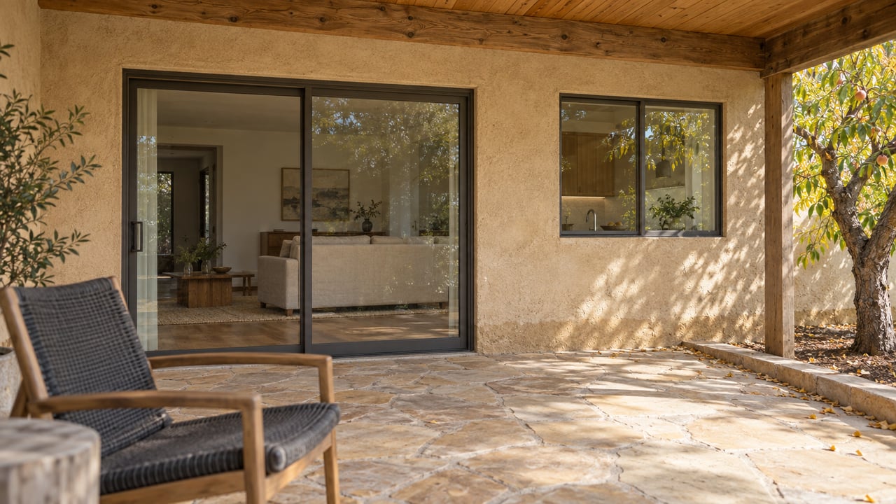 Covered ranch-home patio with buff stucco, bronze-framed glass doors, sandstone paving and a peach tree turning yellow.