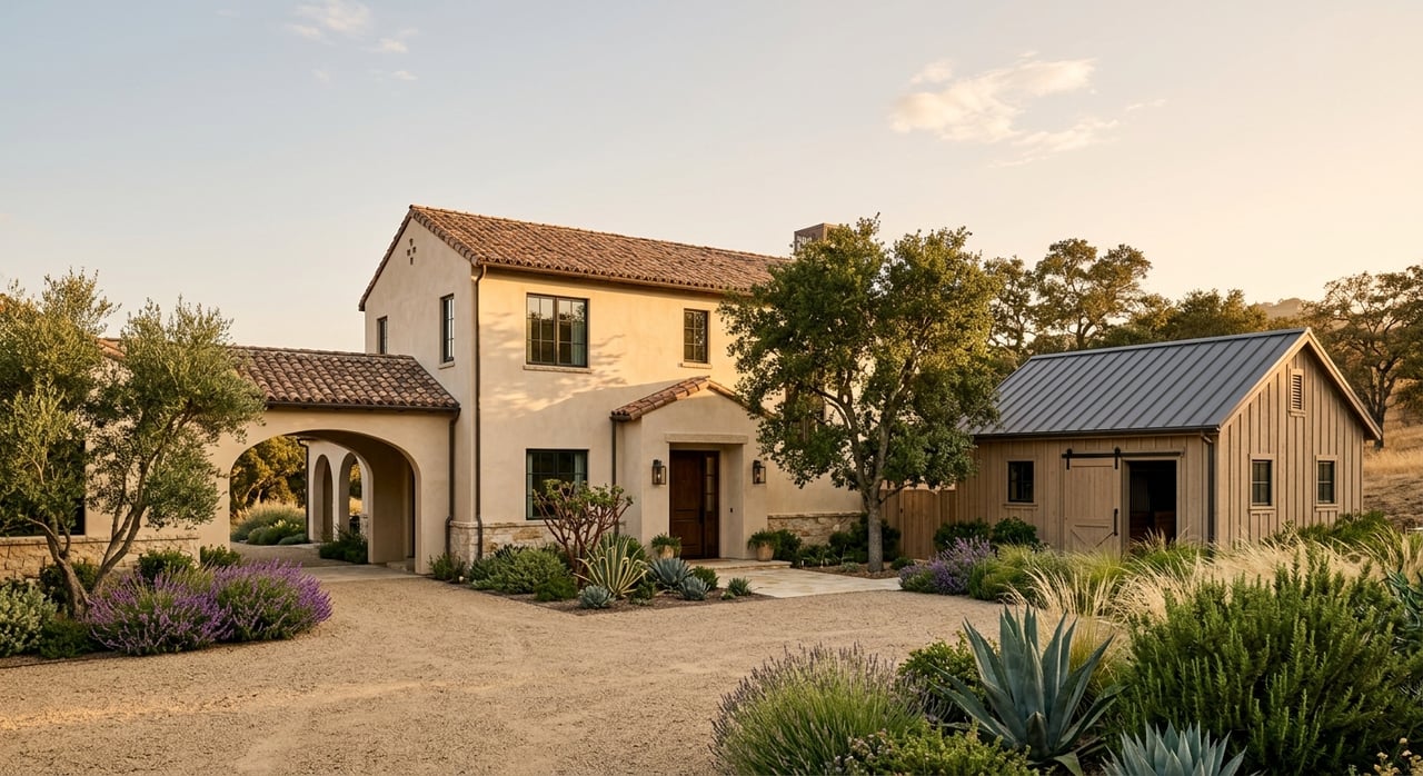 Cream stucco home with a shaded breezeway beside a weathered cedar stable, framing a broad gravel motor court.