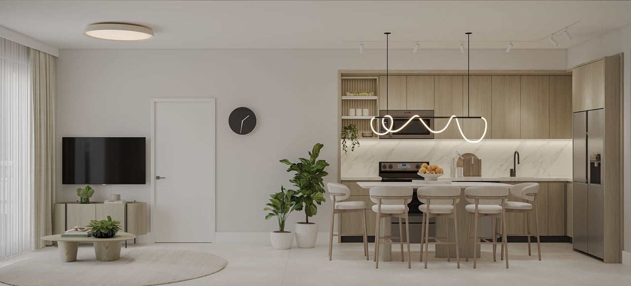 Open-plan kitchen and living area with wood cabinetry, marble backsplash, and sculptural pendant lighting.