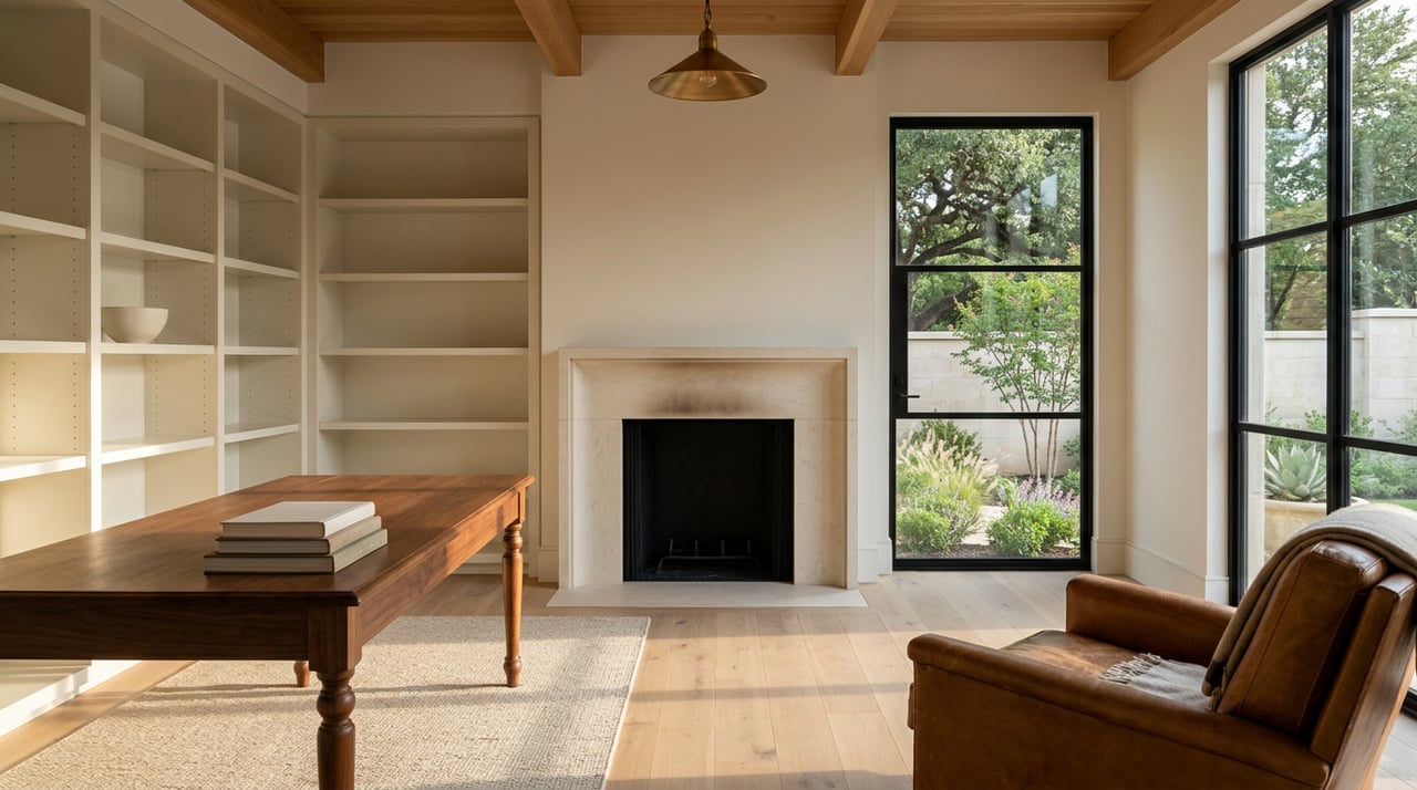 Estate study with built-in bookshelves, limestone fireplace, leather chair, and garden visible through a steel-framed window.