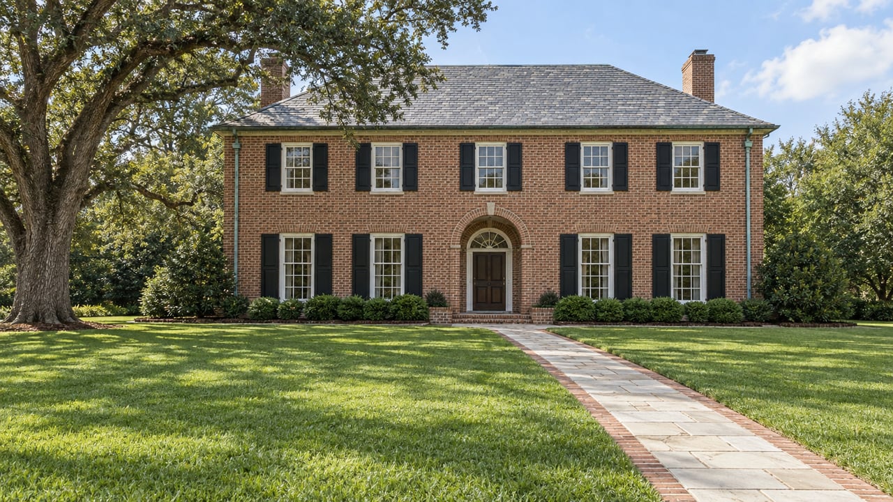 Two-story brick house with black shutters and a curved walkway across a green lawn.