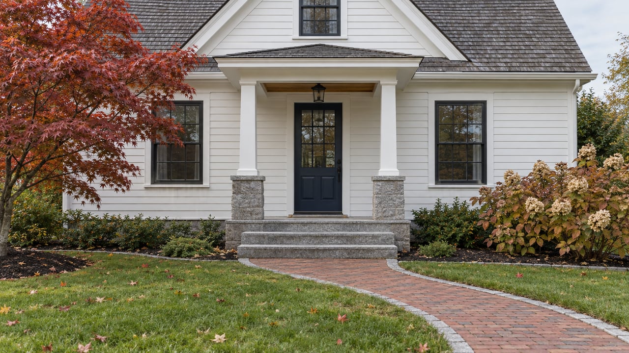 White clapboard home with black-framed windows, a navy entry door, granite steps and a brick walk bordered by autumn planting.