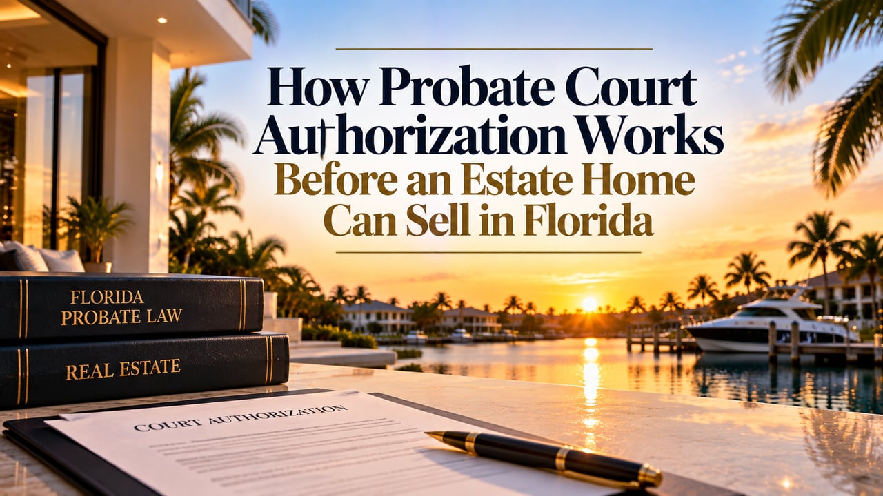 Luxury Southwest Florida waterfront estate home at sunset with Florida probate law books, real estate documents, and court authorization paperwork in the foreground, illustrating the probate court approval process and legal requirements for selling an inherited property in Naples, Fort Myers, and surrounding Southwest Florida communities.