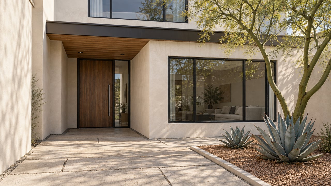Sunlit modern residence entry with warm wood, ivory stucco, black-framed windows and a sculptural green-trunk tree beside a paved courtyard.