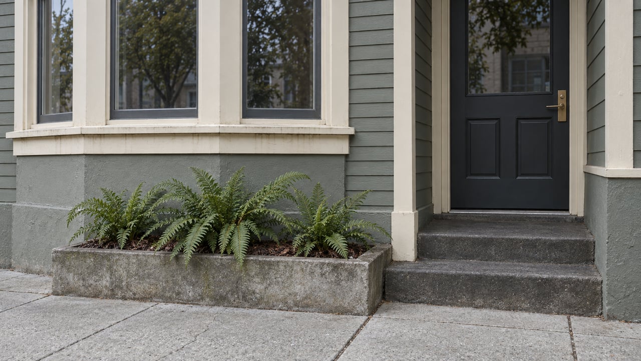 Gray-green wood bay windows beside a recessed charcoal door, concrete entry steps and a fern planter along a weathered sidewalk.