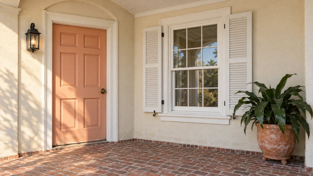 Sheltered cream masonry entrance with a peach door, white shuttered window, worn brick landing and a single potted cast-iron plant.