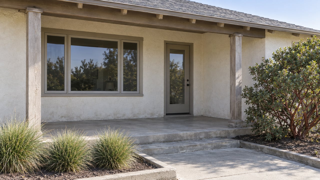 Weathered timber porch and pale stucco entrance of a single-story home, with a manzanita and red fescue beside a concrete walk.