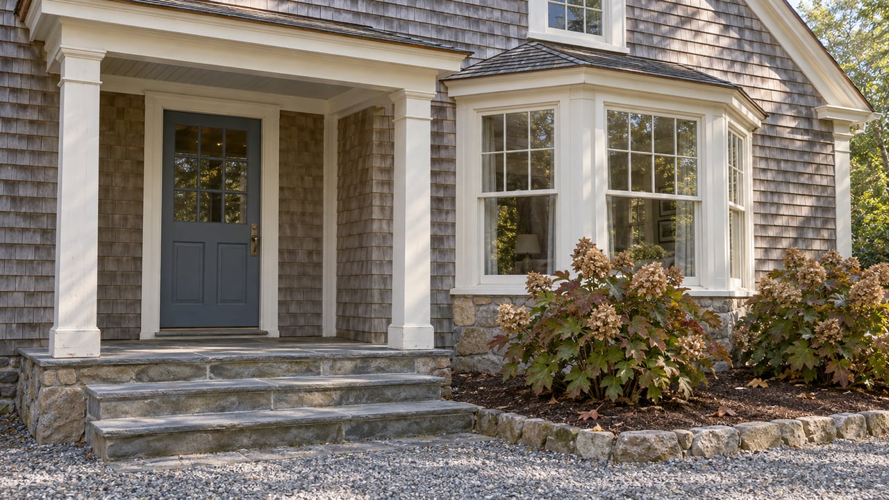 Weathered cedar-shingle home with an ivory-trimmed porch, slate-blue door, bay window, stone steps and oakleaf hydrangeas.