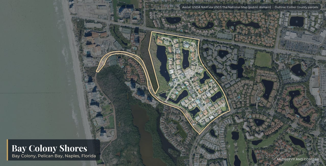 Aerial view of Bay Colony Shores at Bay Colony, Naples, Florida, with its parcels outlined