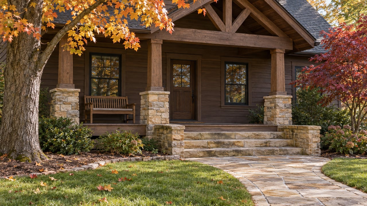 A timber-gabled wood and sandstone home with a broad porch, curved stone walk, and amber and red autumn foliage.