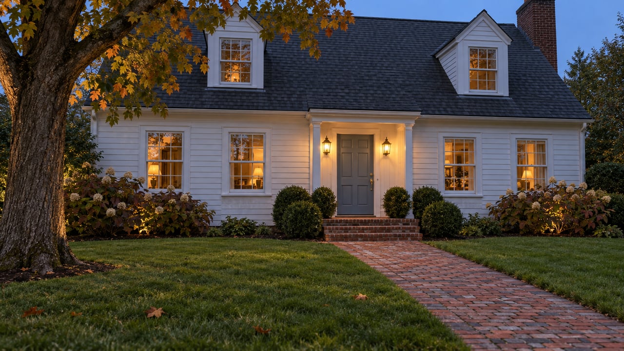 White clapboard home at dusk with illuminated entry lanterns, a brick walkway, and an established lawn beneath a maple tree.