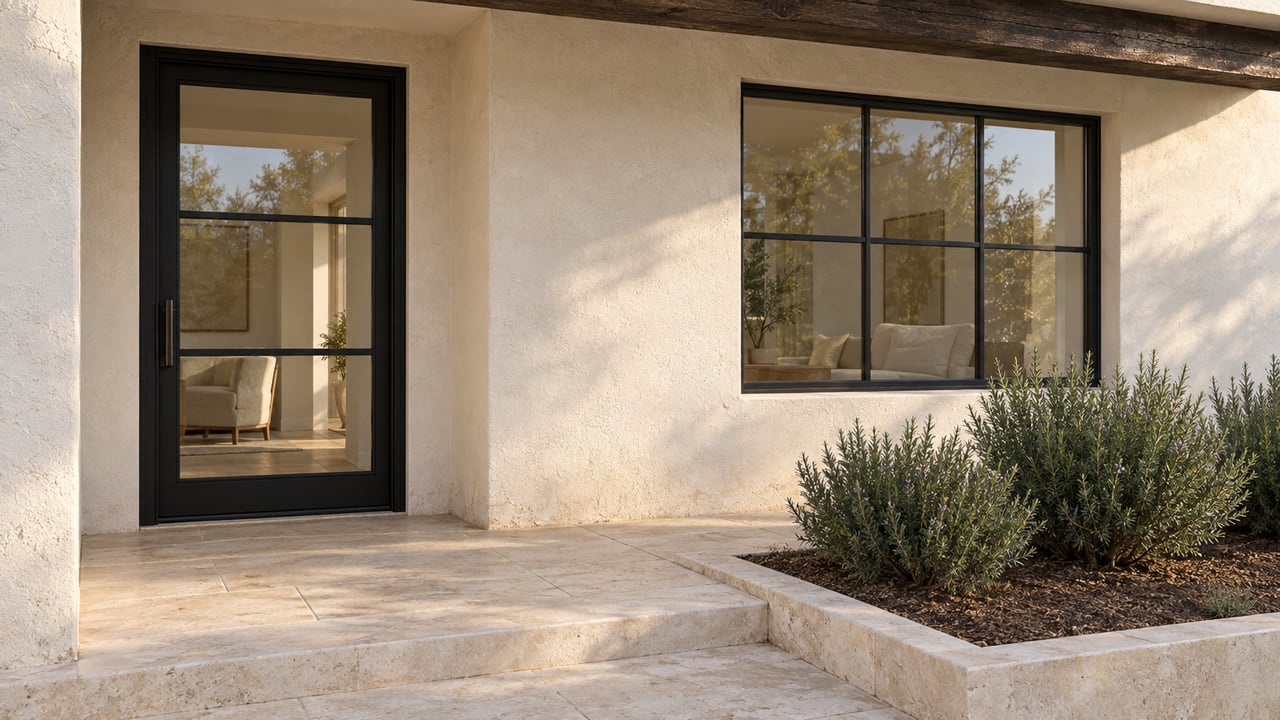 Sunlit plaster entry with a dark timber porch beam, black-framed glass door and window, limestone landing, and rosemary planting.